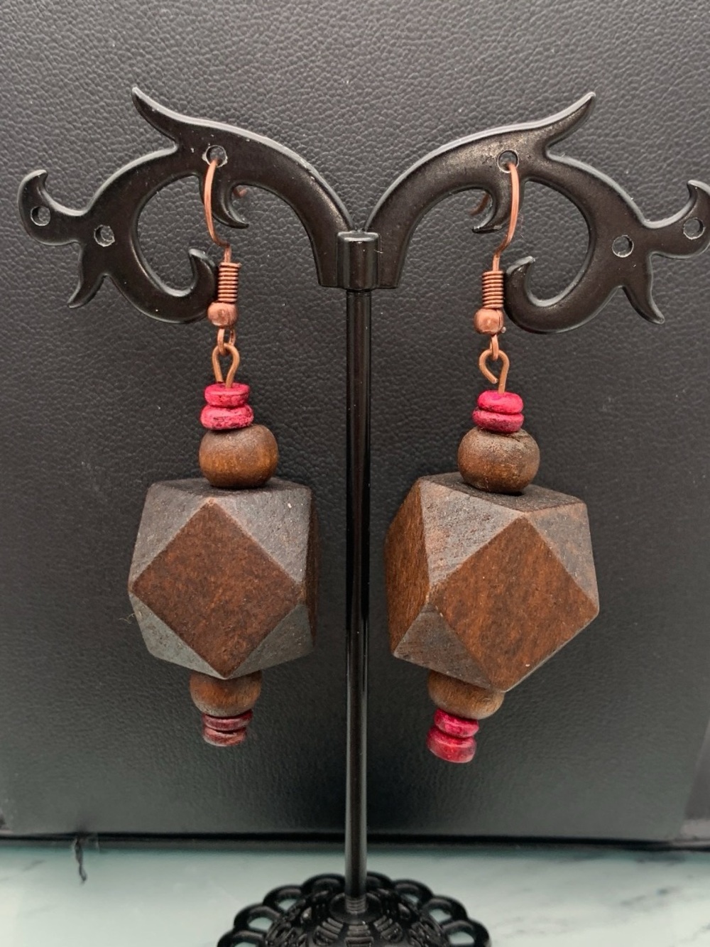Handmade Brown Wood Geometric Drop Earrings with Pink Accents